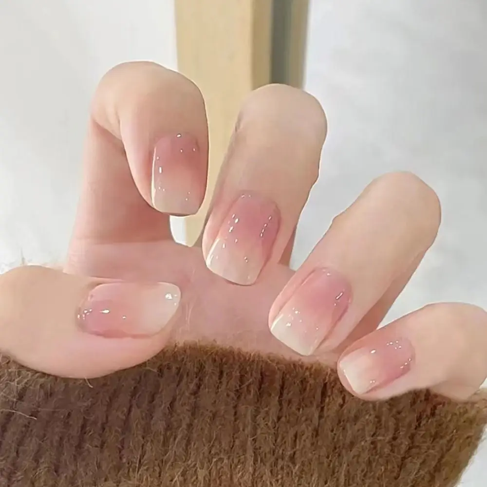 24Pcs/Box Glossy Gradient False Nails Full Cover Detachable Squoval Fake Nail Short Length Wearable Press on Nails Women