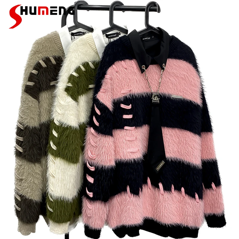 Autumn Vintage Stripe Fashion Design Plush Sweater Men's Women's Ins Street Style Couple Knitted Top Long Sleeve Casual Knitwear