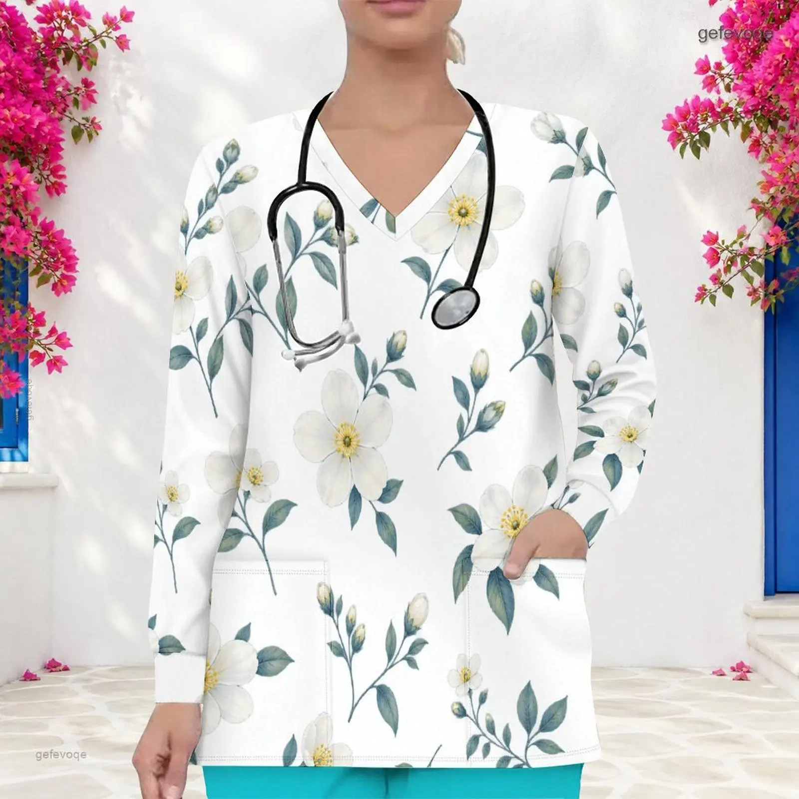 Women White Base Rose Maple Leaf Floral Printed V Neck Long Sleeve Scrub Top with Front Pockets