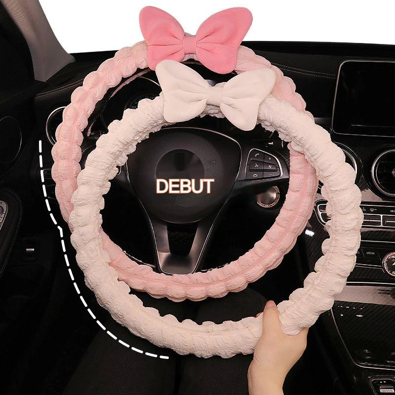 

Three Color Cute Car Steering Wheel Cover Bowknot Four Seasons Universal Sweat-absorbing Non-slip Handlebar Covercar Decorations