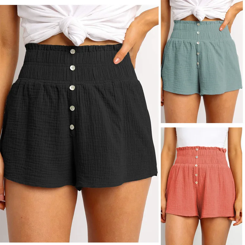 

2020 Summer New Fashion Shorts Solid Color High Waist Button Decoration Casual Straight Pants