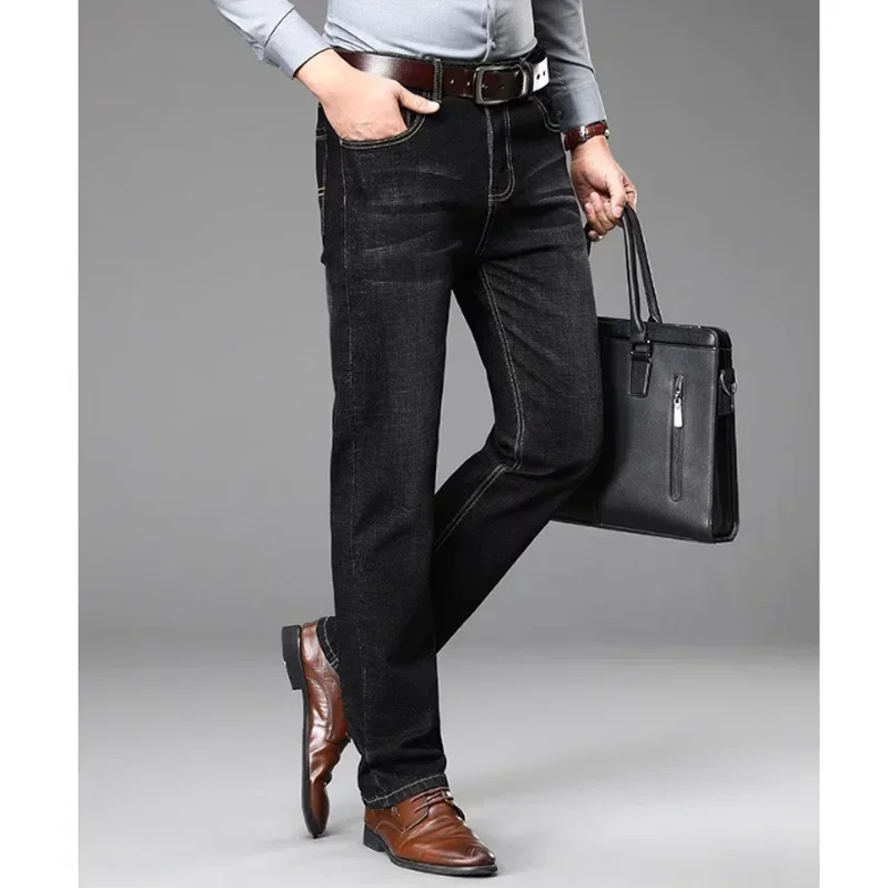 2025 New Classic Men's Fitted Stretch Jeans Business Casual Denim Straight Leg Pants Male Black Blue Trousers Size 28-40