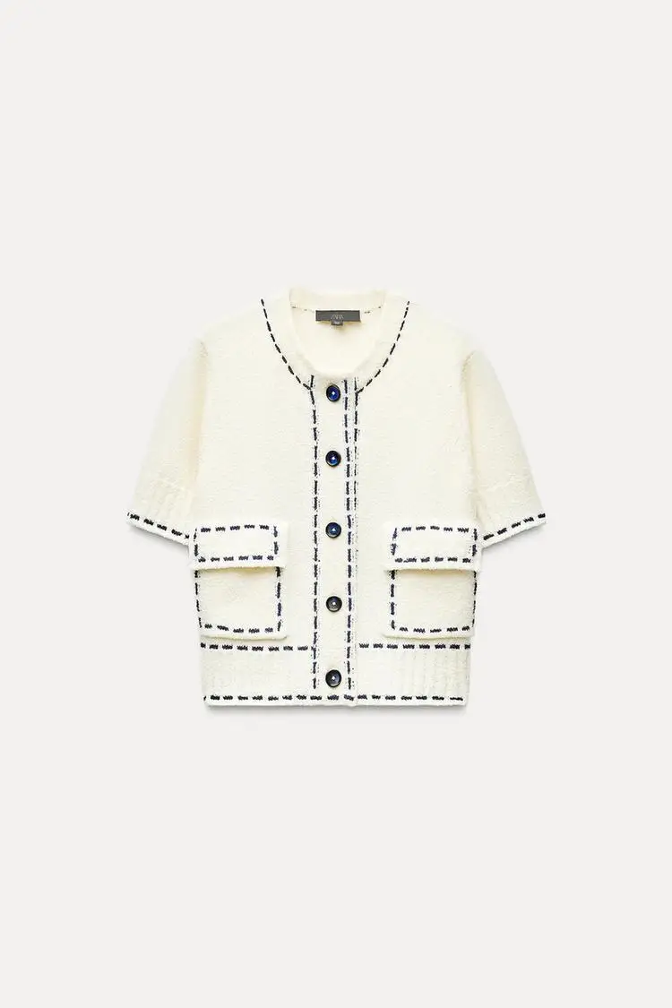 YY2640 25 Spring New Product Women's Clothing Thread Cutting Decoration Creative Fashion Round Neck Short Sleeve Knitted Coat 39