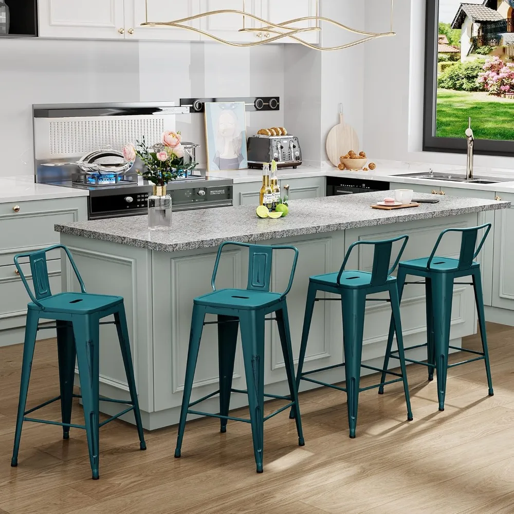 

Metal Bar Stools Set of 4 Barstools Counter Height Bar Stools with Chairs Modern Bar Chairs Distressed Teal Blue 26inch Stools