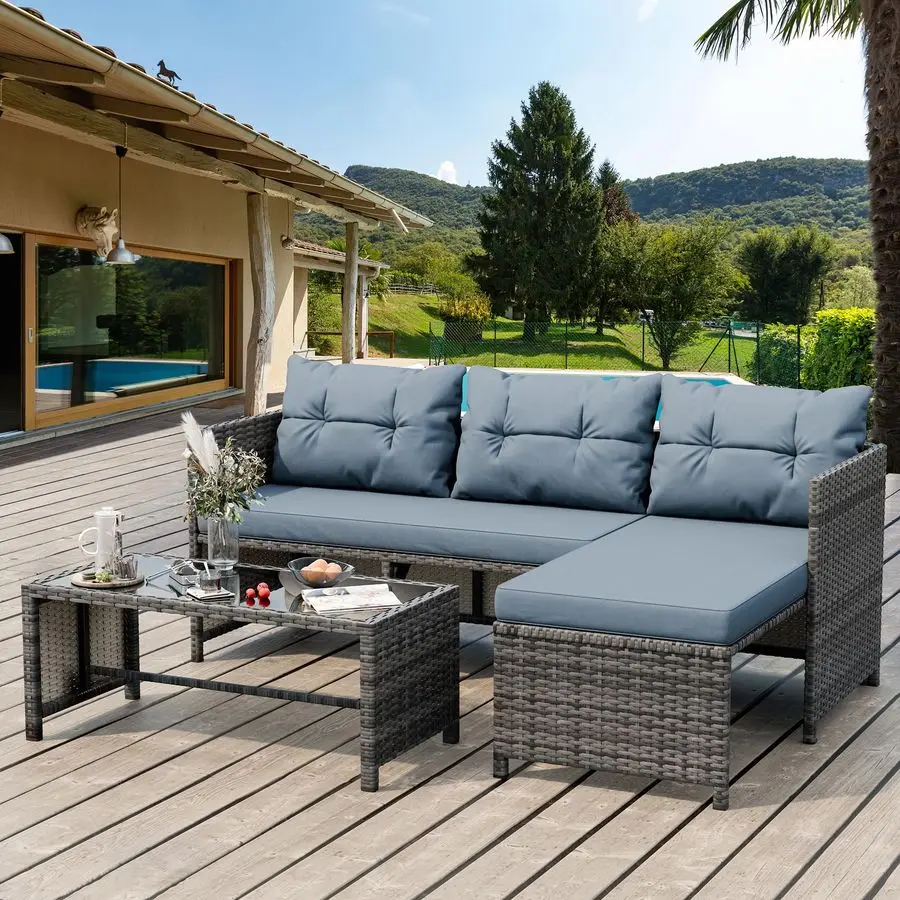 

Outdoor Patio Furniture Sets, Wicker Patio sectional Sets 3Piece, All Weather Wicker Rattan Patio Seating Sofas with Glass Coff