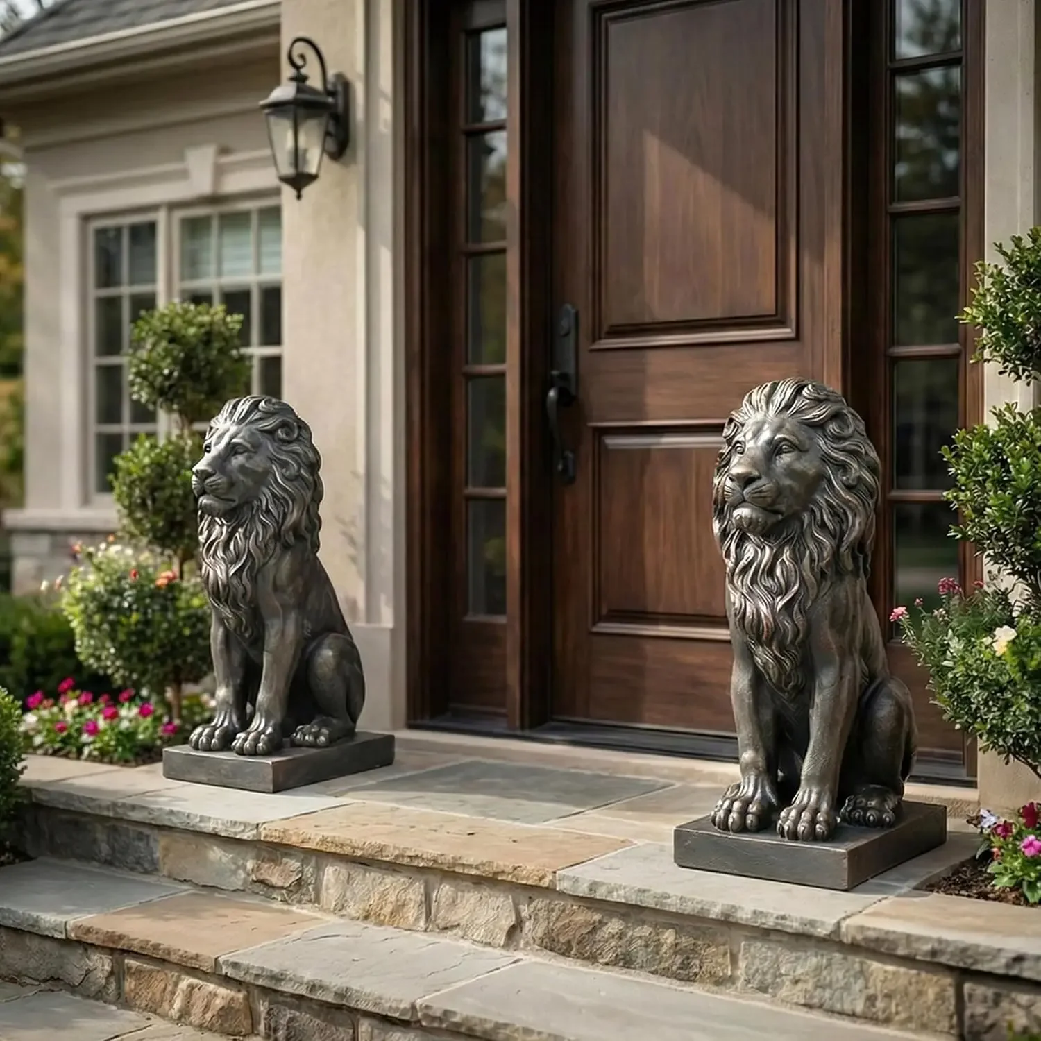 Sculptures Garden Statues, Outdoor Lion Statue 27in Tall, Magnesium Oxide Stone Composite Animal Sculpture Statue Decor for Home