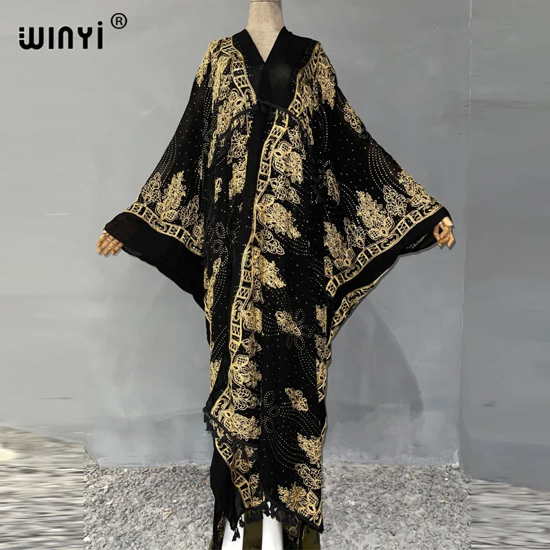 WINYI Women tassel Black hot brick dress Long Coat Loose Lapel Robe Femme Thick Warm Loose Boho Middle East Female kimono Abaya