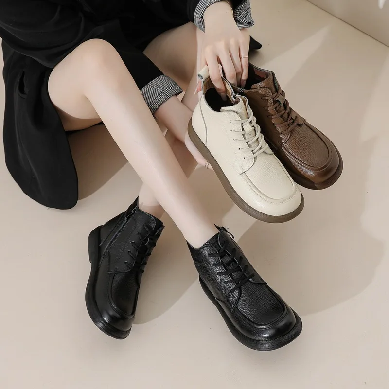 المرأة أسود/بني/أبيض بولي Leather الجلود منصة الدانتيل متابعة حذاء من الجلد للاستخدام اليومي أحذية الشتاء غير رسمية أحذية بوت قصيرة Q-120