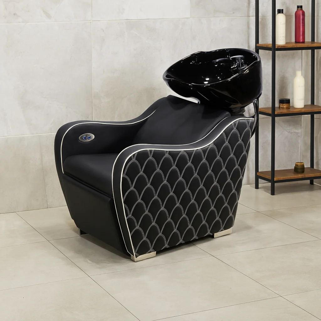 Luxury Shampoo Chair with Footrest and Black Ceramic Bowl Electric Massage Backwash Unit for Hair Salon and Beauty Shop