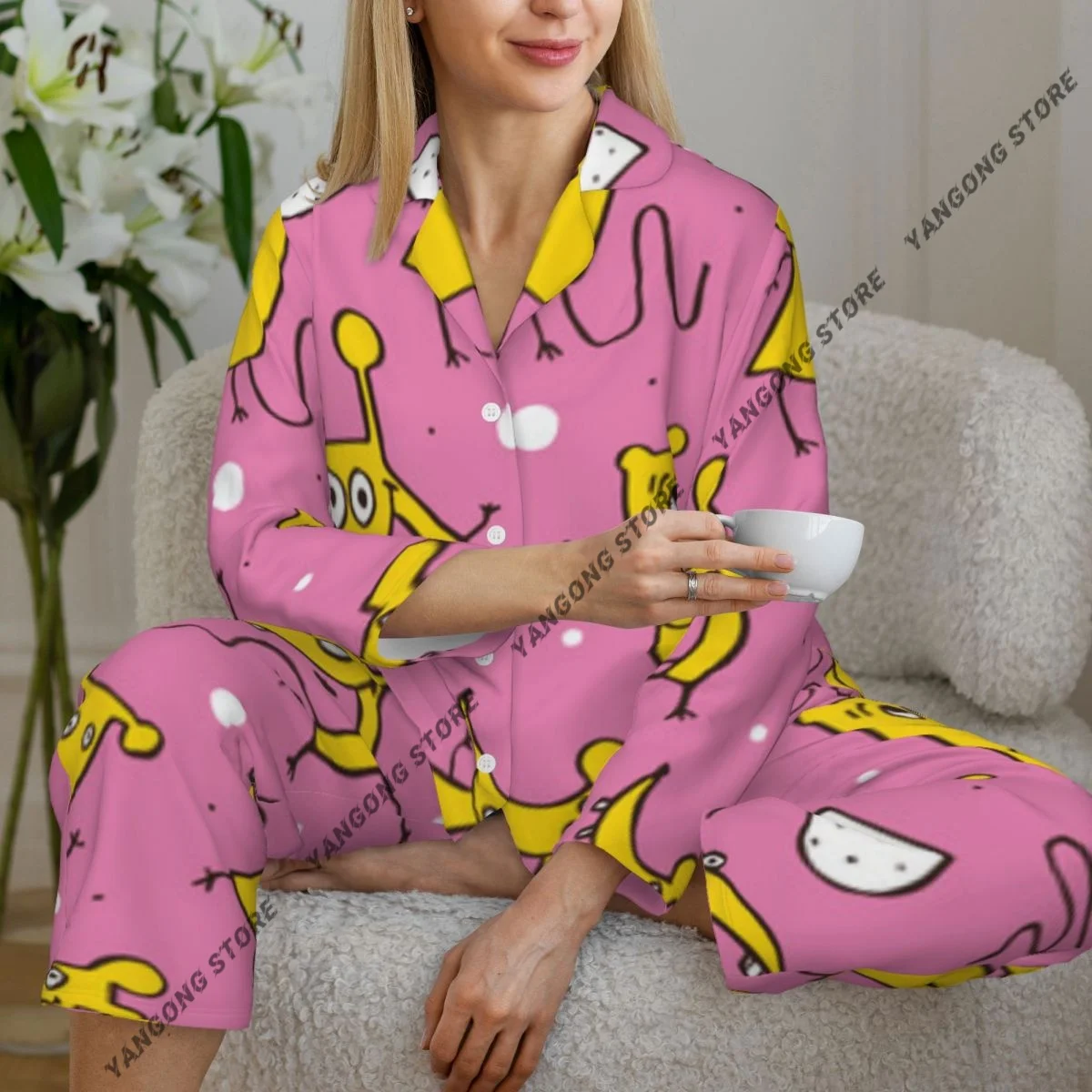 Women Sleepwear Pajamas Funny Rats Long Sleeve Pijama Female Set Negligee Cardigan Suit