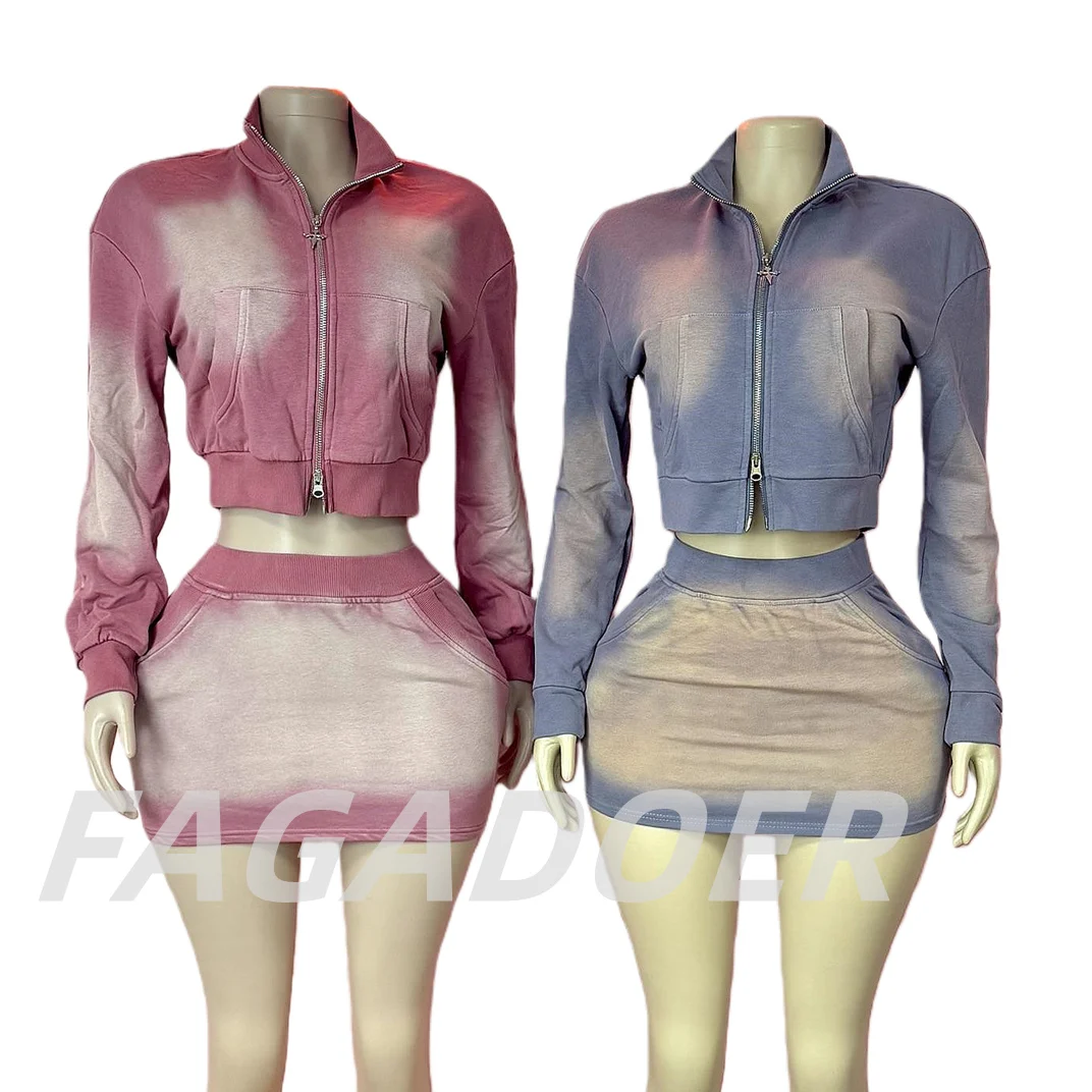 FAGADOER Pink Tie Dye Print Two Piece Sets Women Outfits Fashion Zip Pocket Long Sleeve Crop Top And High Waist Skirts Clothing view 5
