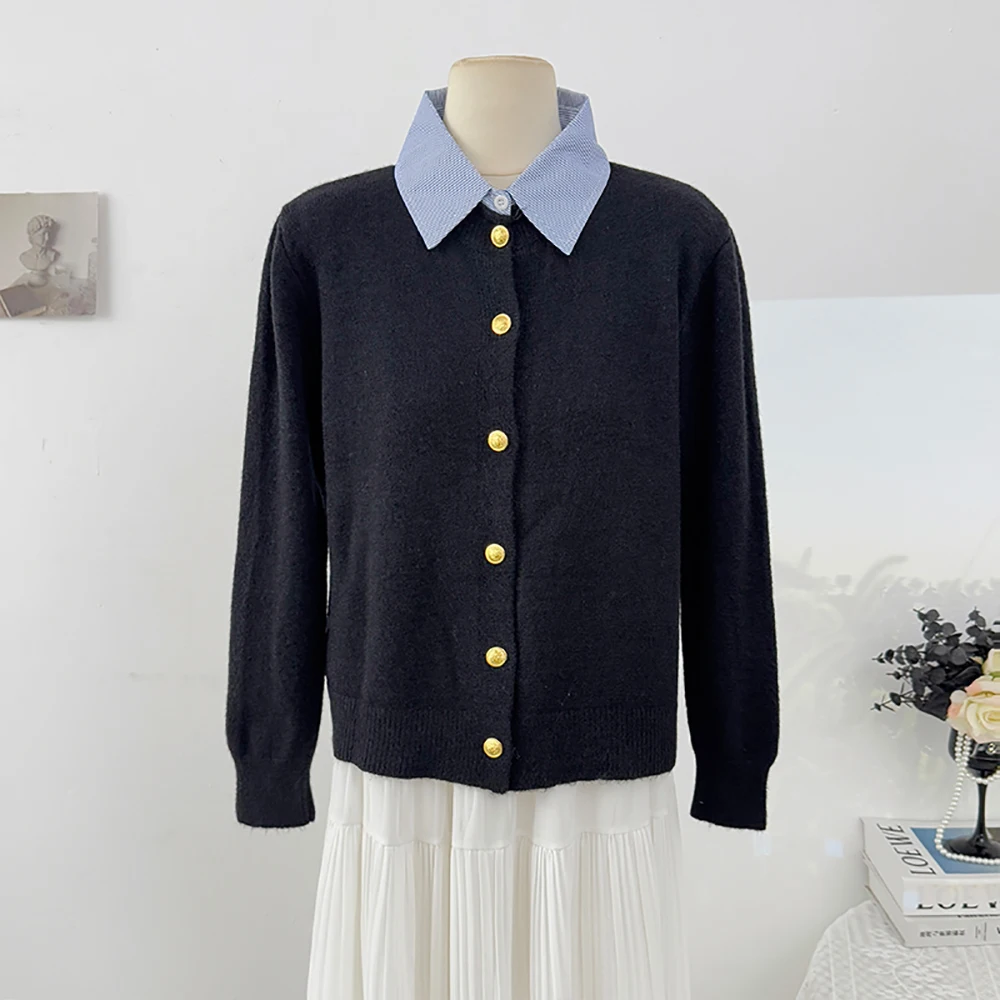 Gefälschte Zwei Stücke Gespleißt Pullover Strickjacken Koreanische Drehen Unten Kragen Gold Tasten Einreiher Stricken Outer Casual Pullover