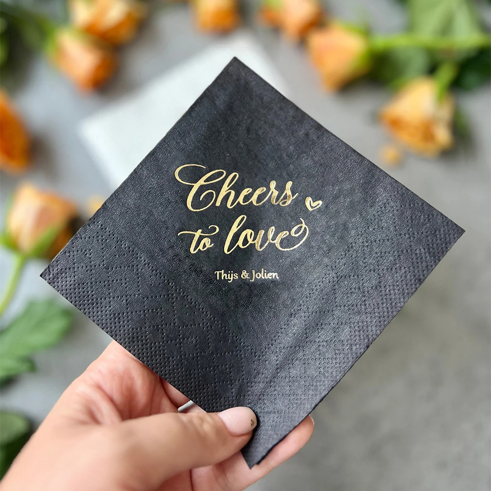 

50pcs Personalized Wedding Napkins Gold Foil Text Napkins Disposable Wedding Paper Napkins Custom Cocktail Napkins Wedding