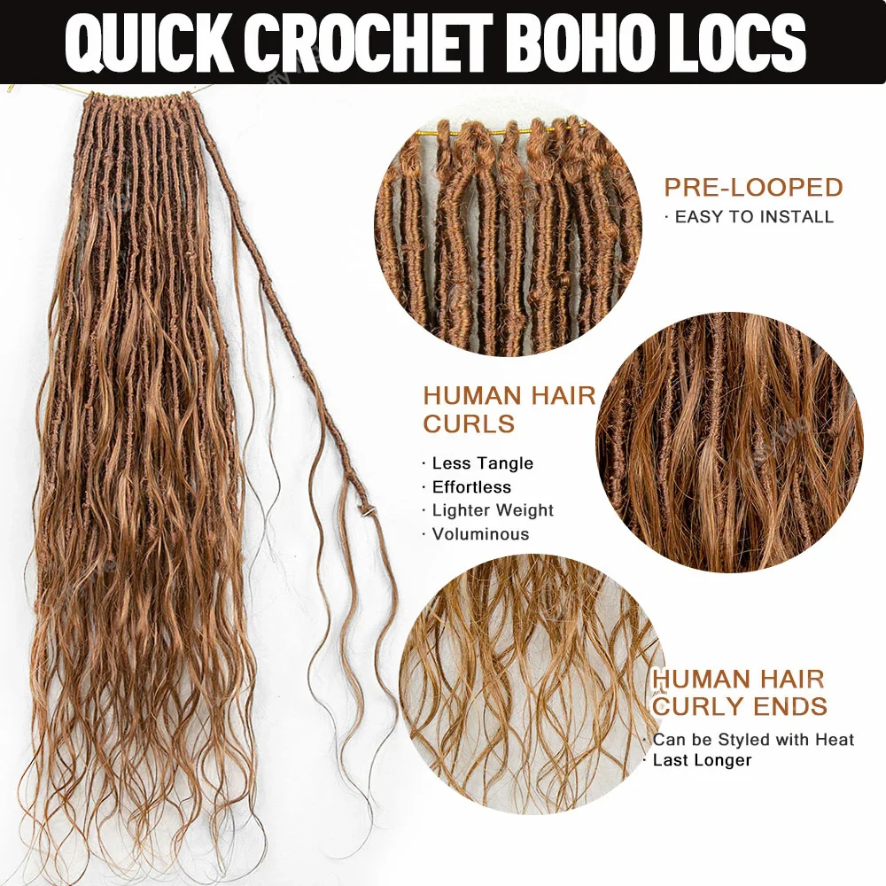 Crochet Boho Locs with Human Hair Curls Knotless Pre Looped Goddess Boho Dreadlocks Hair Extensions Soft Hair For Braiding Brown