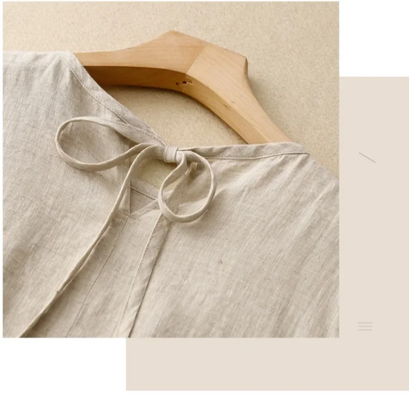 여성 코튼 린넨 미디 드레스 여름 세련된 여성 Vestidos 느슨한 솔리드 a 라인 Boho 드레스 짧은 푹신한 슬리브 캐주얼 Sundress New