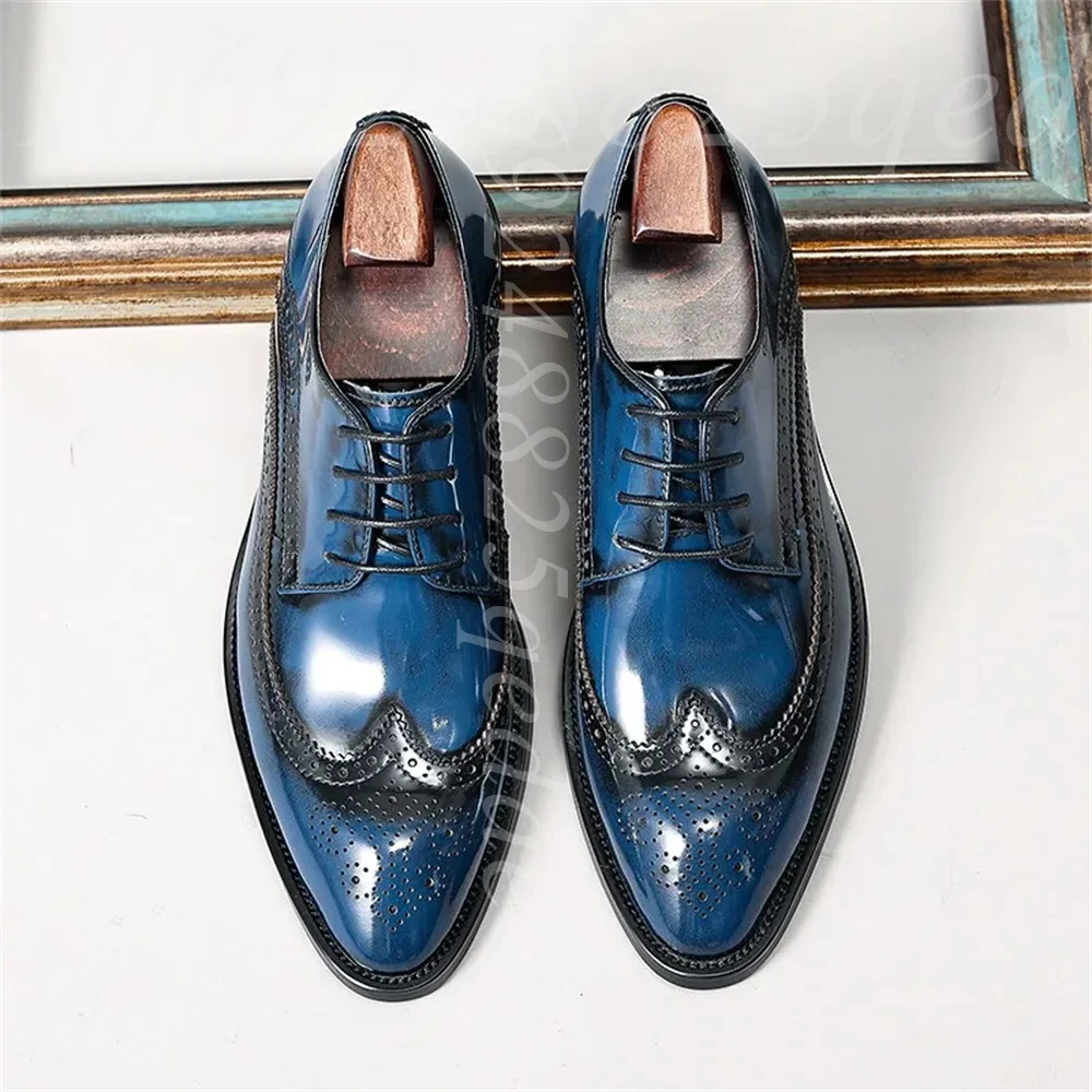

Мужские оксфорды-броги на шнуровке, с декоративными элементами Wingtip, полированная синяя кожа с эффектом потертости, заостренный носок, нескользящая резиновая подошва, формальная обувь для мужчин