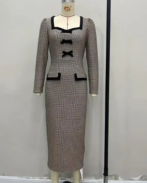 

Womens Dresses 2025 Spring Autumn New Fashion Plaid Print Bow Decor Long Sleeved Square Neck Hip Hugging Elastic Knit Dress