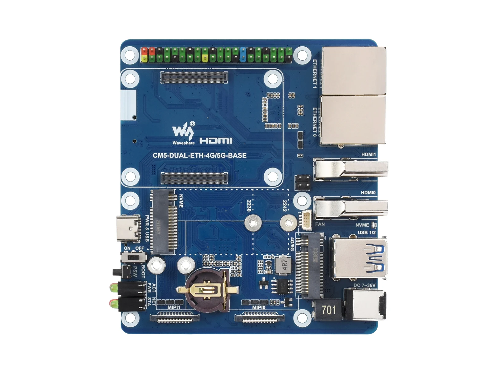 

Raspberry Pi CM5 Dual LAN Carrier Board, 2.5G Ethernet, Dual 4K HDMI, PCIe M.2, 4G/5G Support, Wide Voltage 7-36V for Industrial