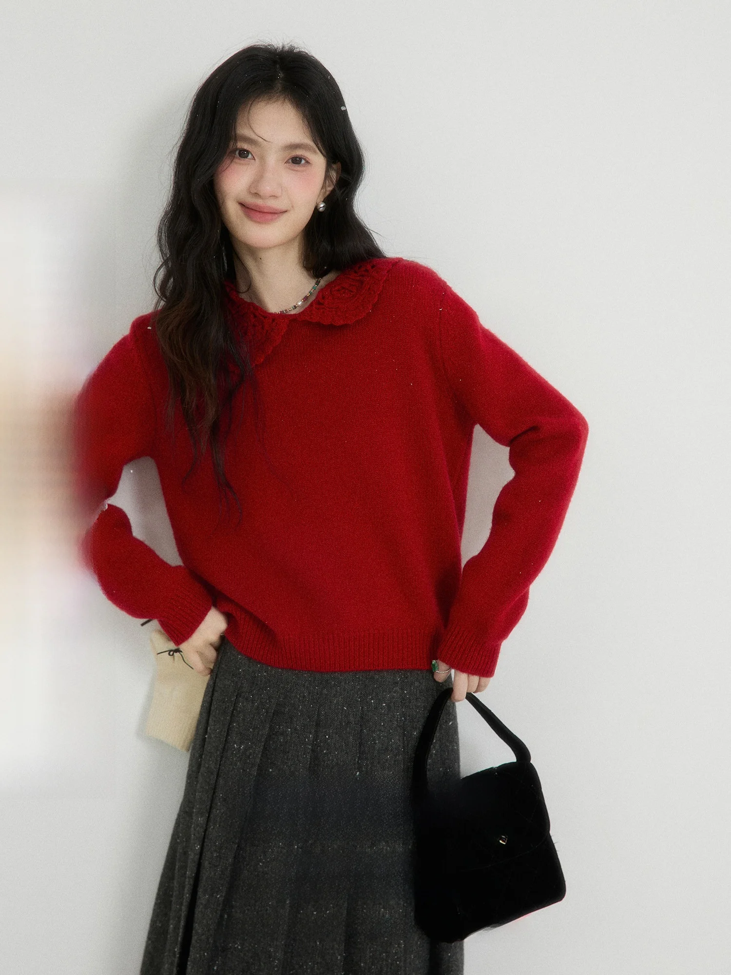 

ORWhite Red Full Wool Overhead Sweater Women's Retro Doll Collar Hollow Design Winter Top Vintage Sle Long Sve Crew Ne