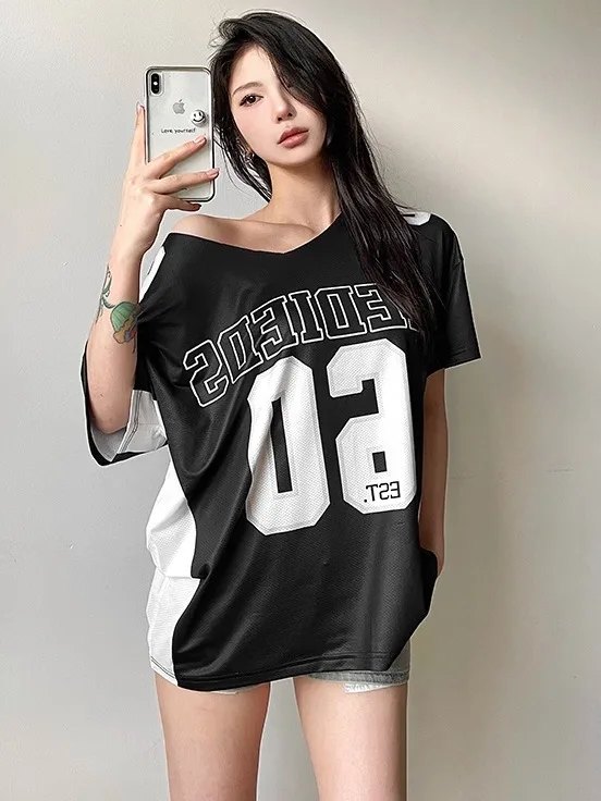 

Гонконг Sle, повседневная спортивная футболка с американским принтом, женская летняя новая свободная футболка средней длины с маленьким утюгом