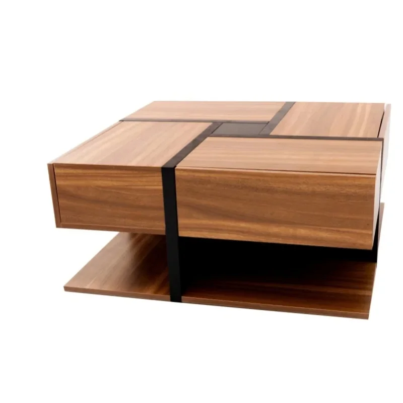 Couchtisch 78x78x36cm mit 4 Schubladen, quadratischer Couchtisch aus Spanplatte für das Wohnzimmer mit unterer Ablage, moderner Aufbewahrungstisch in Naturholzoptik mit Farb- und Linien-Design