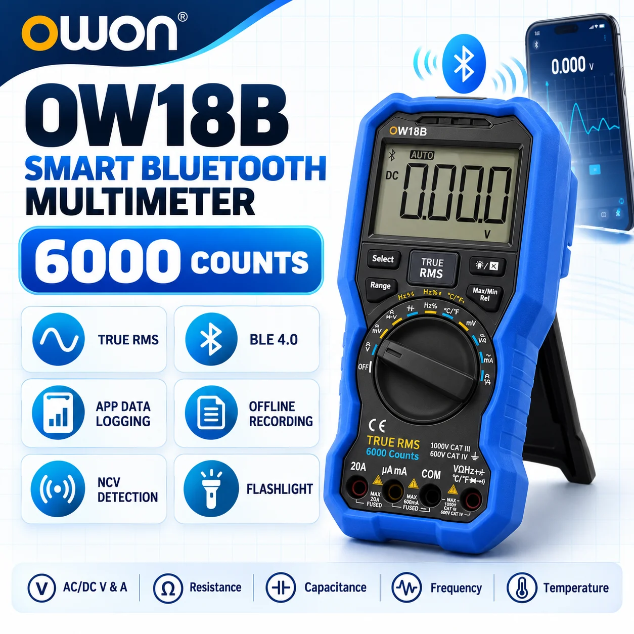 OWON OW18B 6000 Counts True RMS Smart Bluetooth Digital Multimeter AC DC 1000V 20A NCV Data Logger Temperature Tester