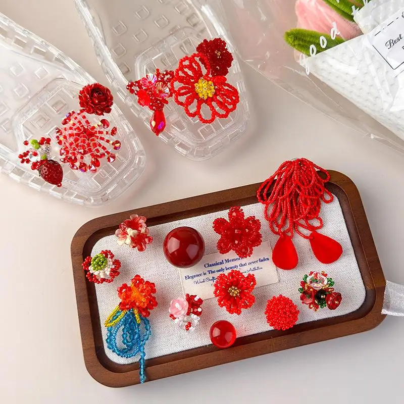 Exquisite Red Beaded Crystal Flower Shoe Clips Jelly Shoes Korean Style DIY Decorative Shoe Flower Slippers Sandals Accessory