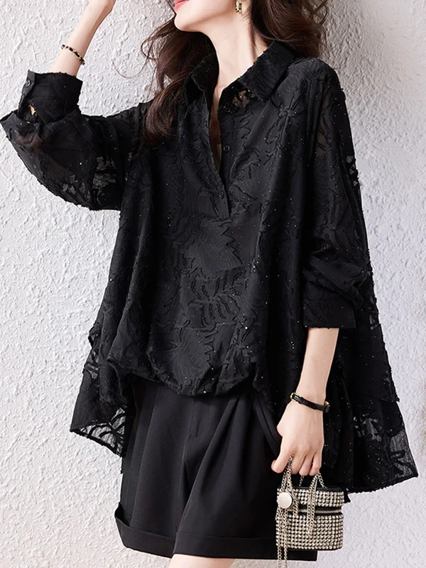 Elegant Black Women's Shirt Guangdong Puning Design High End Feelings Autumn New Style Commute Style Loose Fit Long Sleeve