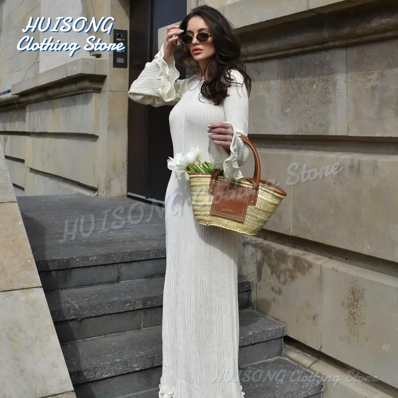 Flare Sleeve Round Neck White Maxi Dress Women 2024 Autumn Fashion Lace Up Elegant Long Dresses Female High Street Beach Robes