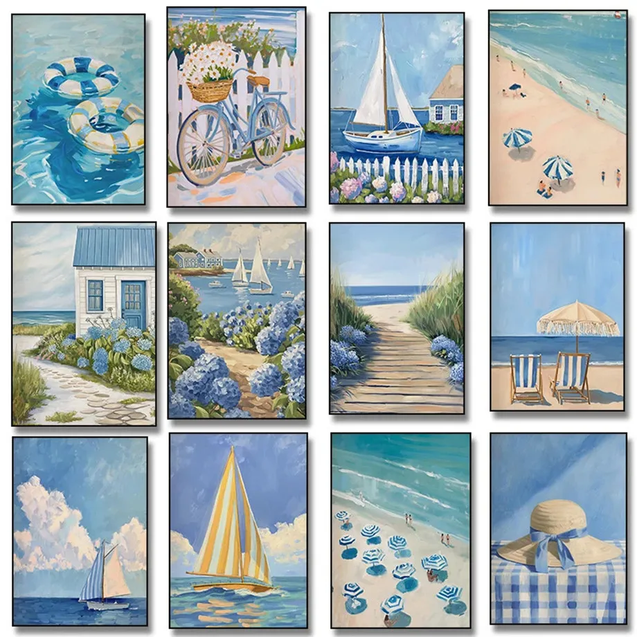 Blue Coastal Beach Seashell Sailboat Hydrangea Posters Prints Canvas Painting Wall Art Pictures Living Room Home Decor Cuadros
