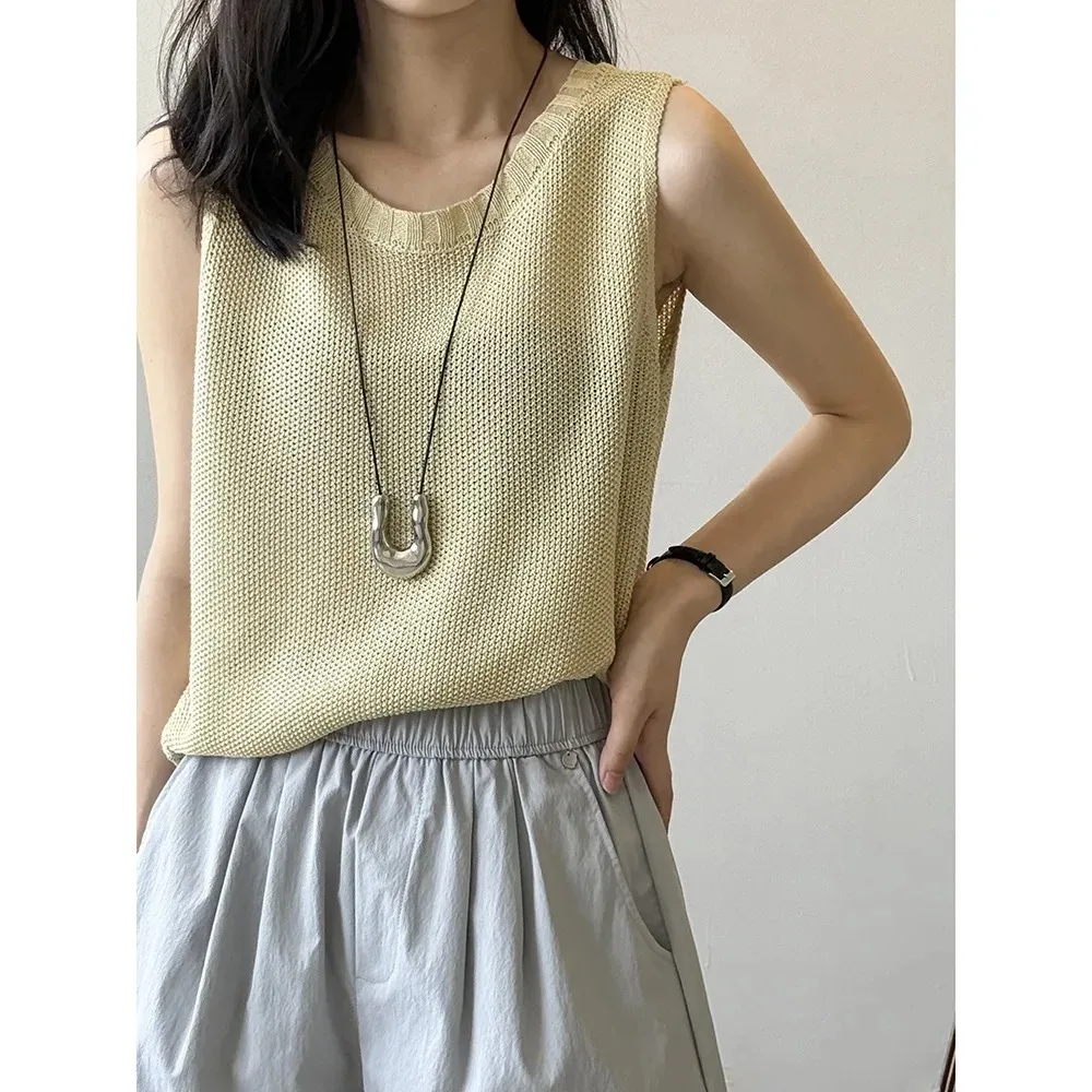 

Simple Linen Knitted Vest Vest Wears Button Sleeveless Vest Top in Summer