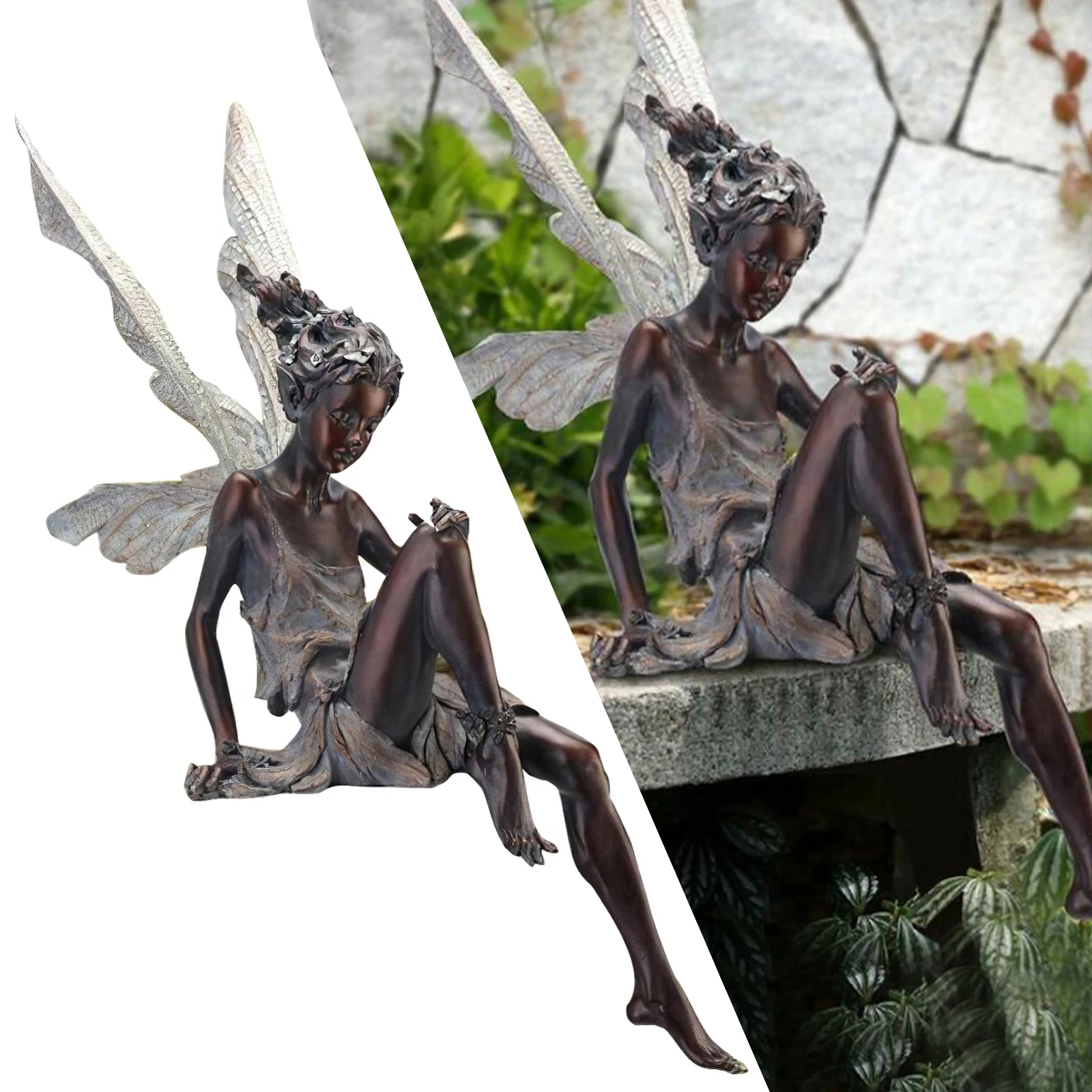 Decorative Garden Fairy Figurine Resin Winged Statue Outdoor Ornaments for Patio Fountain Pond Lawn and Yard