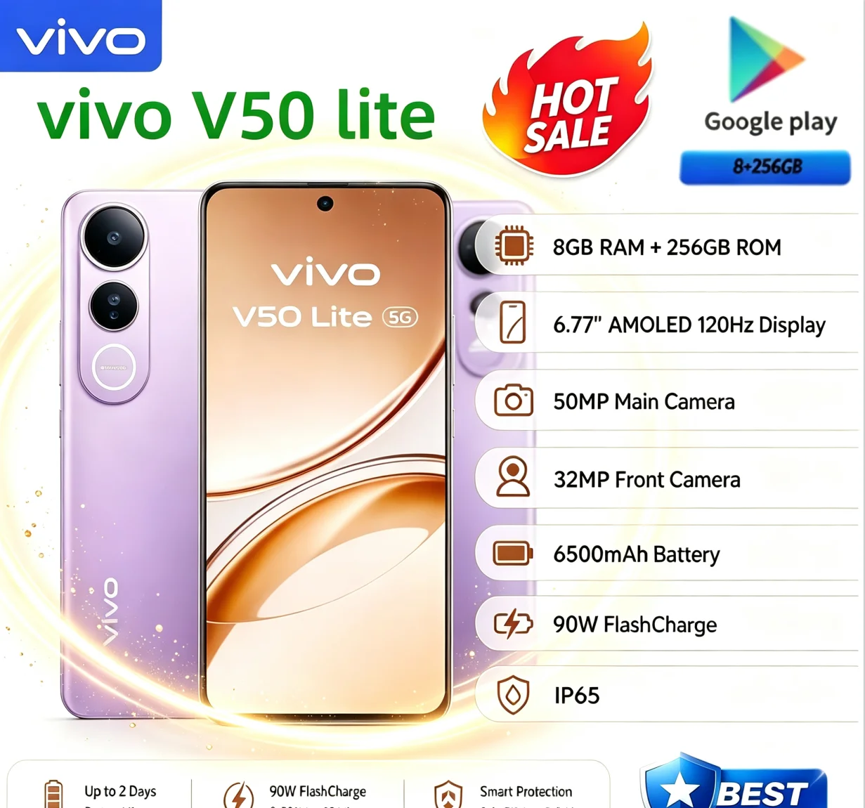 Hot Item 2026 VIVO V50 Lite Unlocked Smart Cellphone 8+256GB Ample Storage 6.58 Inch Stunning Full‑View Screen Dual 64MP
