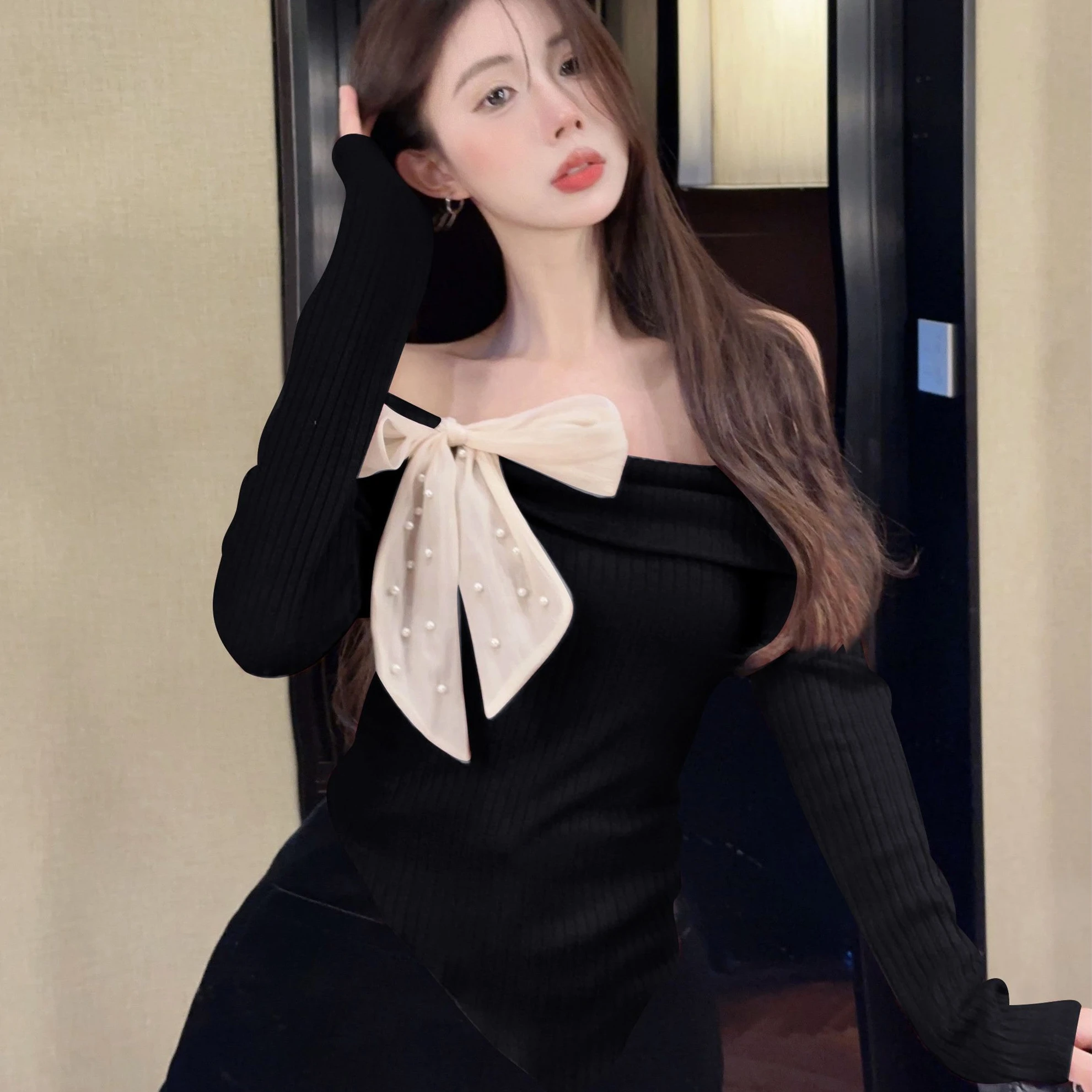 Hotsweet Pullovers Women Spring Autumn Slash Neck Long Sleeve Irregular Bow Solid Short Knitting Sweaters Fashion Slim Design