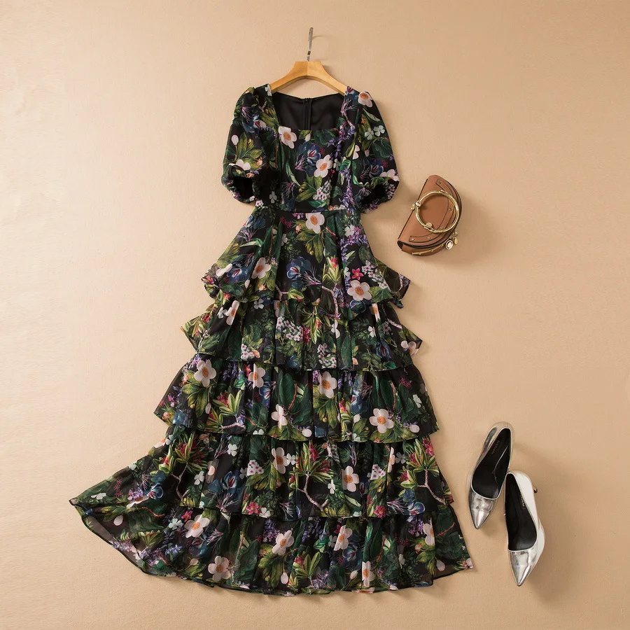 

European and American women's clothing 2024 fall new Short sleeve square collar green flower print fashion Layered pleated dress