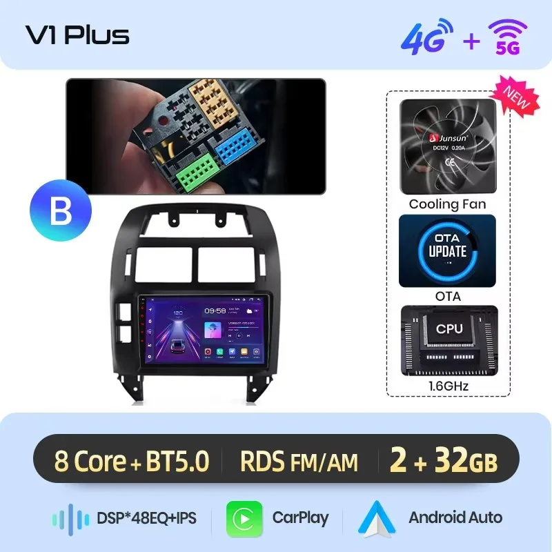 Junsun draadloze CarPlay Android Auto autoradio voor Volkswagen (VW) Polo Mk4 (Typ 9N/9N3) 2001-2009 met ingebouwde koelventilator, Android GPS navigatie, multimediaspeler, WiFi, DSP, RDS, BT, SWC,