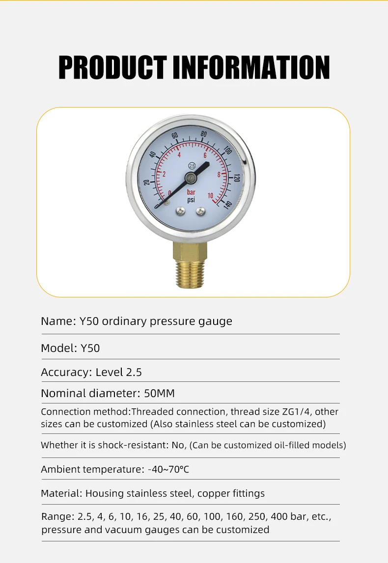 MAIRUIKESI-Manomètre à Pression Sèche avec Boîtier en Acier Inoxydable, Filetage en Laiton, pour Eau, Gaz, Carburant, 2 Pouces, 0...1...400bar/psi