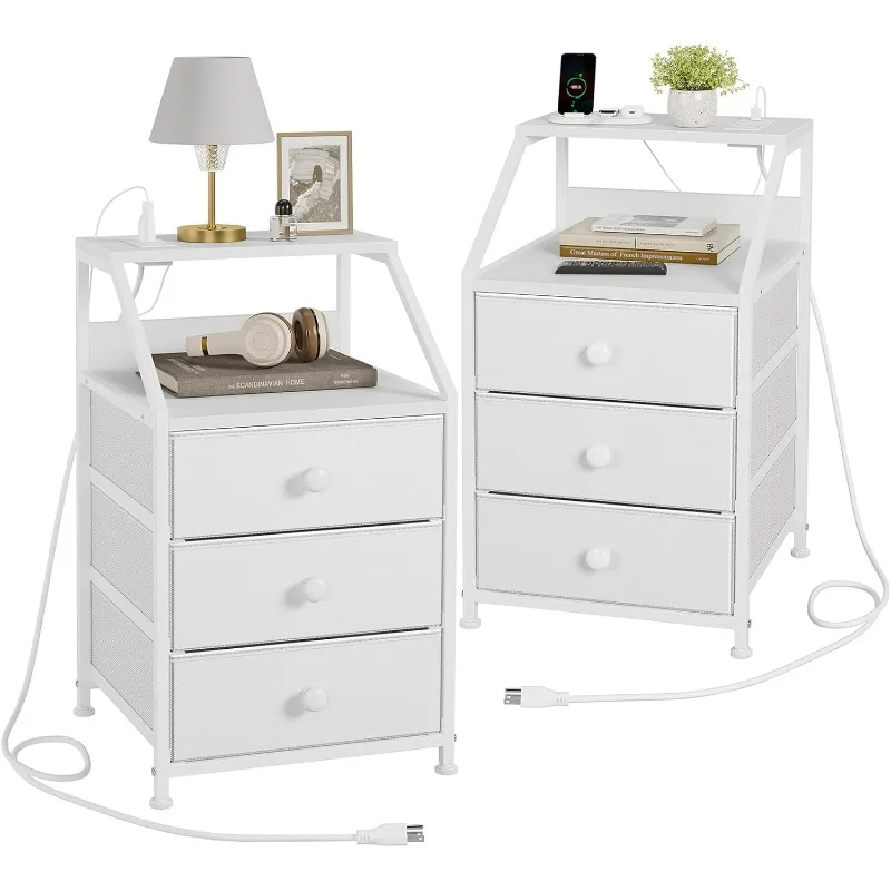 

Nightstand Set of 2, White Night Stands with Charging Station, Bedside Tables with 3 Fabric Drawers and 2-Tier Storage Shelves