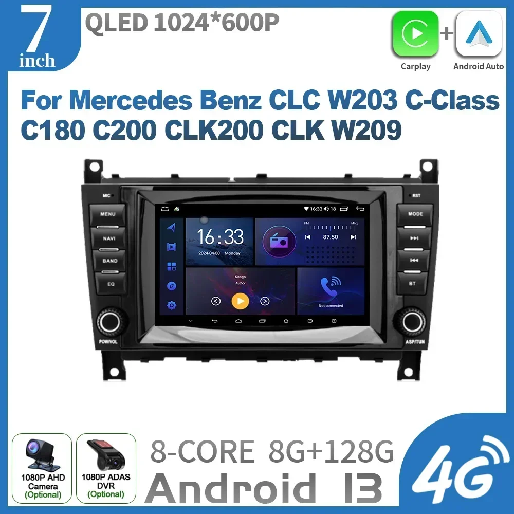 7inch Screen Car Radio Stereo For Mercedes Benz CLC W203 C-Class C180 C200 CLK200 CLK W209 Wireless Android Carplay Multimedia