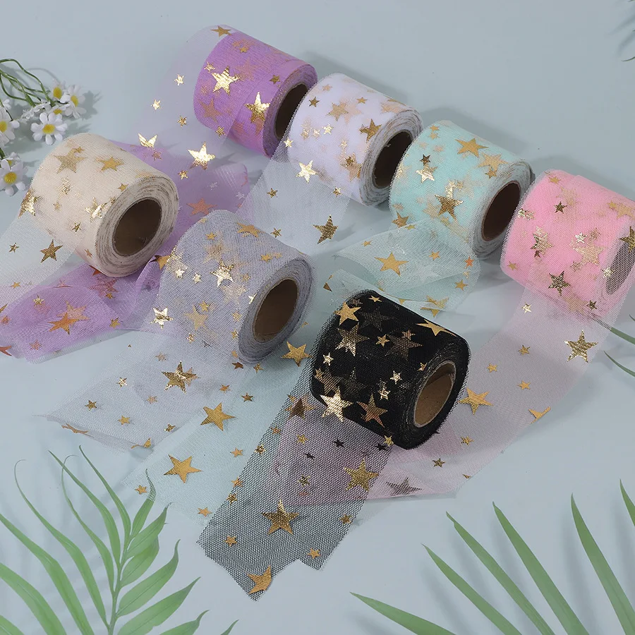 22Yards/Roll 6cm Hexagonal Tulle Ribbon, Hot‑Stamped Gold Five‑Point Star Mesh Tape for Gift Wrapping & DIY Bow Craft