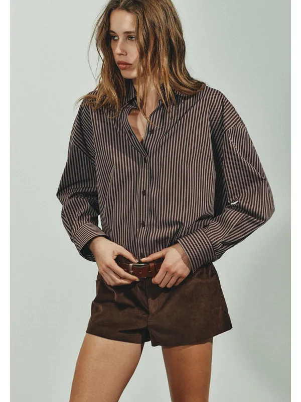 

Casual Loose Cotton antung Long Sve Striped irt Top for Women Autumn New Sle Comfortable Breathable Regular Fit irt