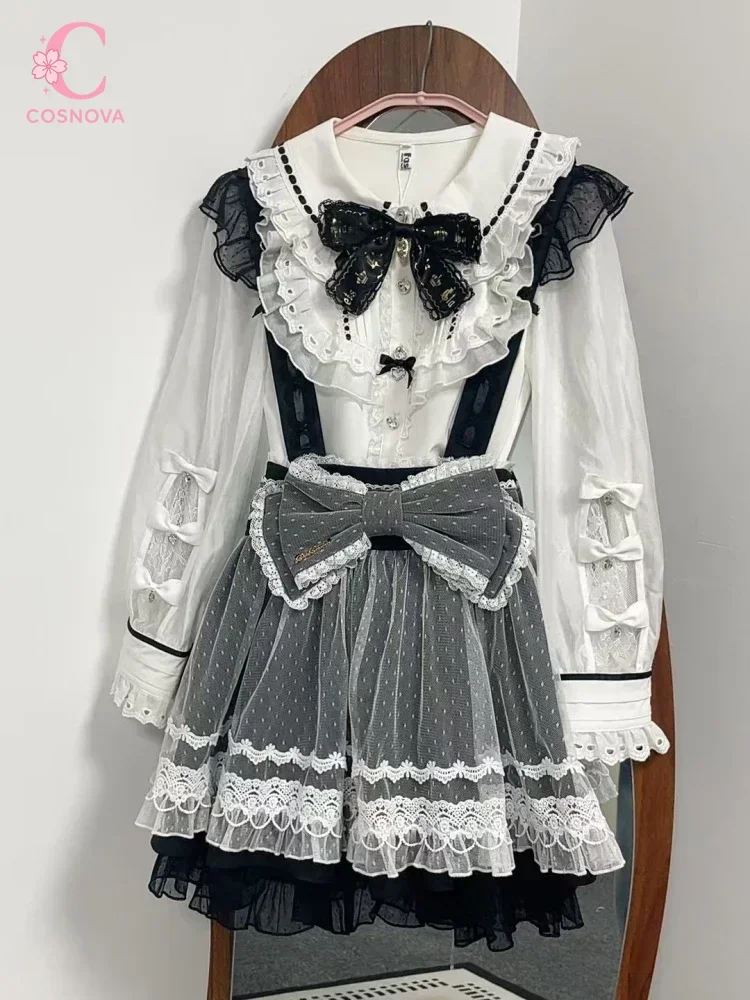 Sweet Gothic Lolita 2 Piece Set Women Autumn High Waist Puff Sleeve Lace Bowknot Ruffle Tiered Mini Dress Kawaii Daily Outfit