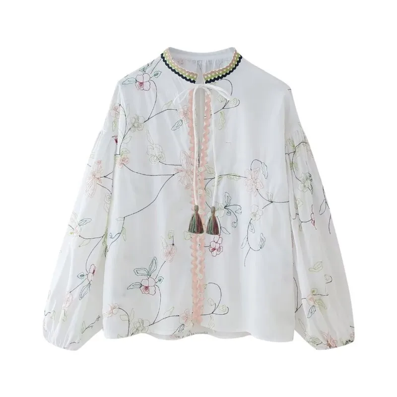 

Flower embroidered shirt 2024 Summer New Chinese Feng Shui Ink Print O-neck Ribbon Loose Age Reducing Shirt Top for Women