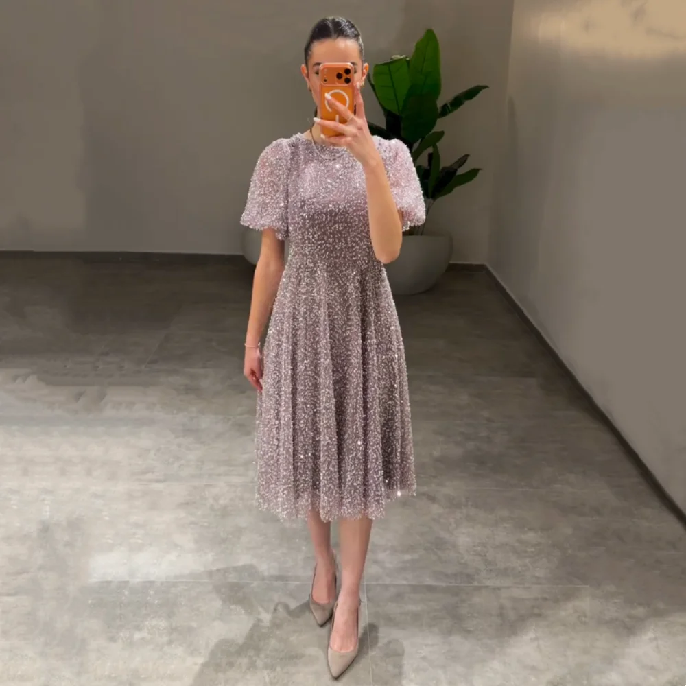 

Customized Glitter O-Neck A-line Midi Dresses Sparkle Evening Dress Bespoke Occasion High Quality Party Wedding Guest Gown