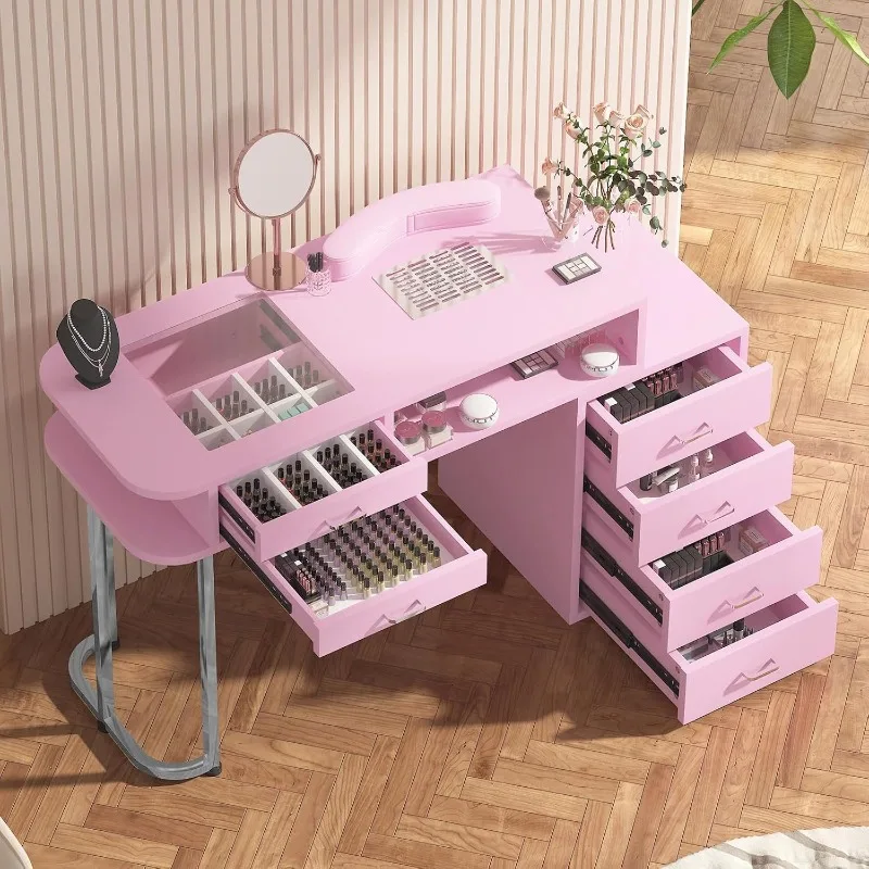 Pink manicure table with vacuum cleaner able multi-layer storage manicure table 12 grid