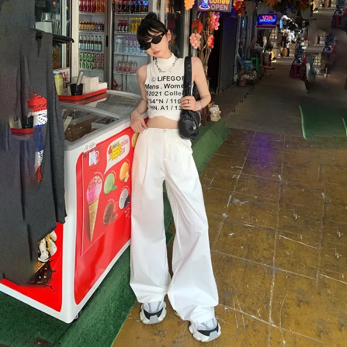 Retro-Arbeitshose mit hoher Taille, lockerem und weitem Bein. Neue, ganzjährige, einfarbige, verstellbare Taille, lässige, bodenlange Hose für Damen