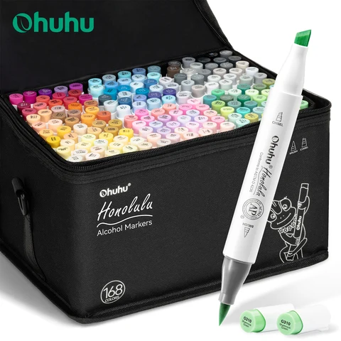 Ohuhu honolulu 168 cores marcador caneta conjunto marcadores de arte álcool recarregável dicas duplas esboçar desenho mangá material escolar arte