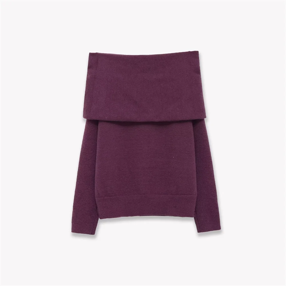 

Winter New Women's Casual Curled Edge Decorative Layer Long Sleeve Straight Neck Off Shoulder Flat Needle Knitted Sweater