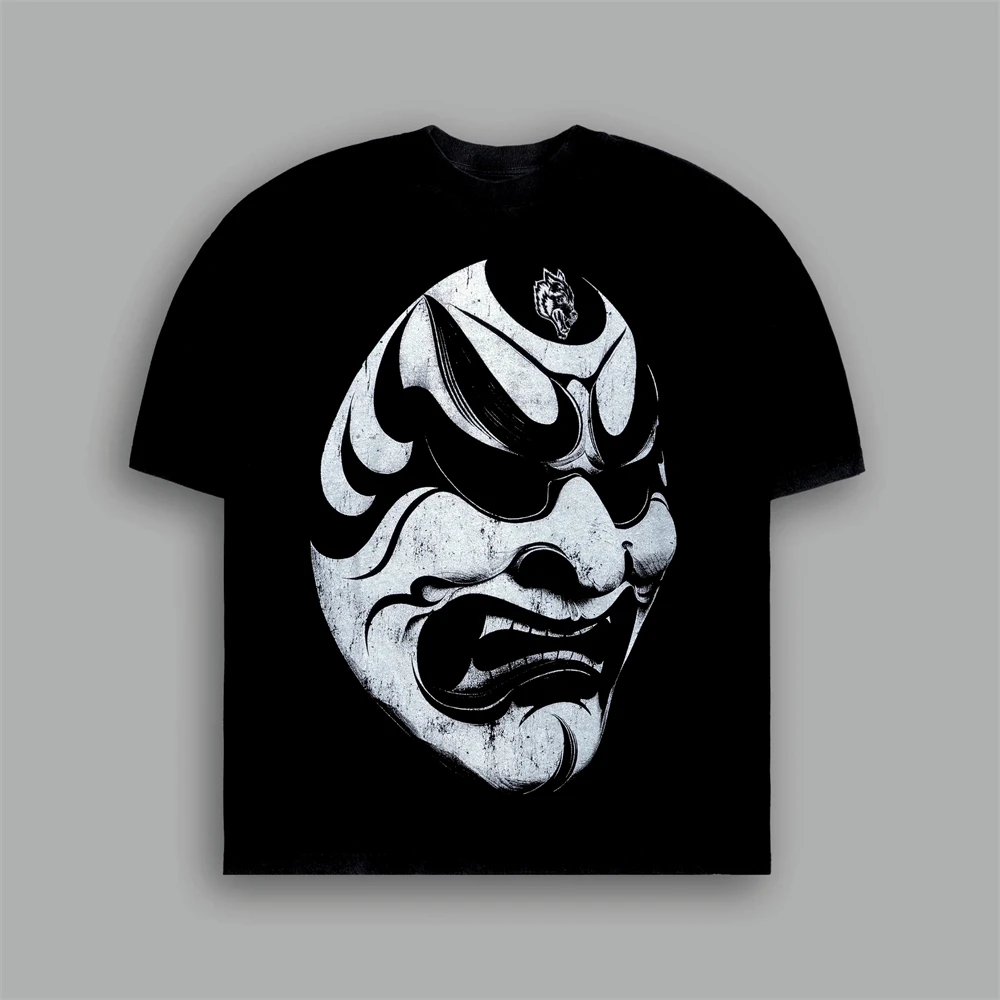 2025 New Japanese Mask Print 100% Cotton 230G Oversized Men Women Clothing Summer T-shirts Hip Hop Tops Tees US SIZE S-XL