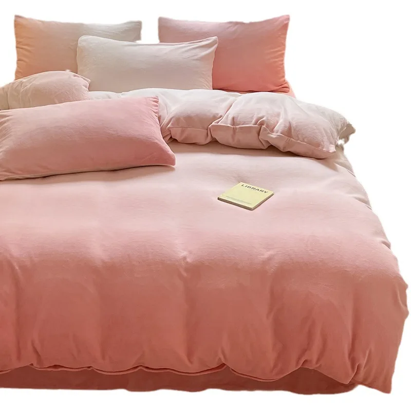 Milk Flannel Bedding Set of Four Pieces with Double Sided Coral Fleece Face Sheet and Duvet Cover Fitted Sheet